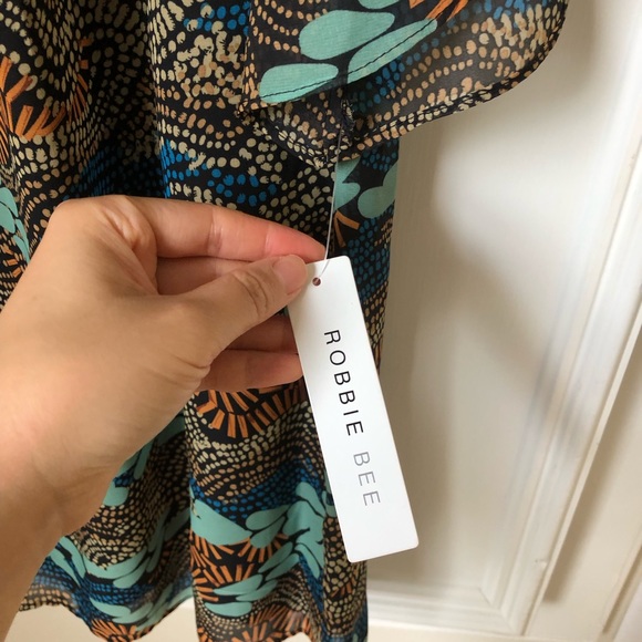 NWT Robbie Bee Tribal Blue Tan 3/4 Sleeve Mini Dress 10 Boho Bohemian - Picture 5 of 10